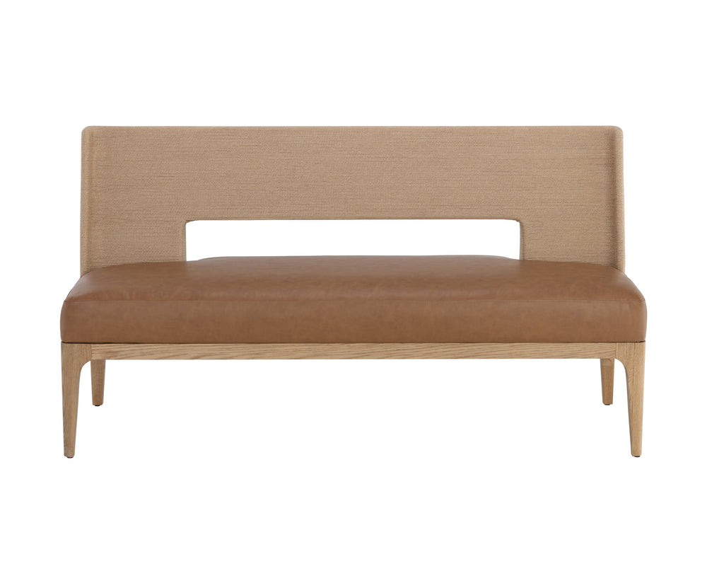 Sunpan Brocco Bench - Stylish Oak Frame with Paper Rope Backrest & Milliken Cognac Faux Leather Seating