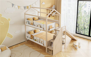 English Elm House-shaped Pine Bunk Bed with Built-in Slide Storage Staircase Twin Over Full Kids Frame Beige+White N820S00082A