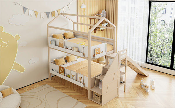 English Elm House-shaped Pine Bunk Bed with Built-in Slide Storage Staircase Twin Over Full Kids Frame Beige+White N820S00082A