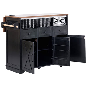 English Elm K&K 46.5'' Farmhouse Kitchen Island Cart with Beaded Drapes, Drop Leaf, Power Hub, Ample Storage Black N707P254872B