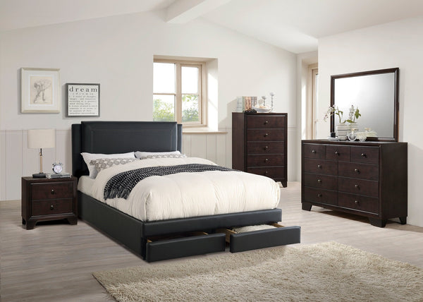 English Elm Black Luxurious Queen Bed with Hidden Storage Drawers Upholstered Faux Leather Modern Frame Black 64 L x 49 W x 5 H B011S02013