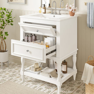 English Elm 24'' Retro Bathroom Vanity Mdf Cabinet with Ceramic Sink Open Shelf and 2 Drawers White N710P405414K