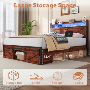 English Elm Queen-size Platform Bed with Led Headboard Storage Footboard and Built-in Charging Brown W5026P429527