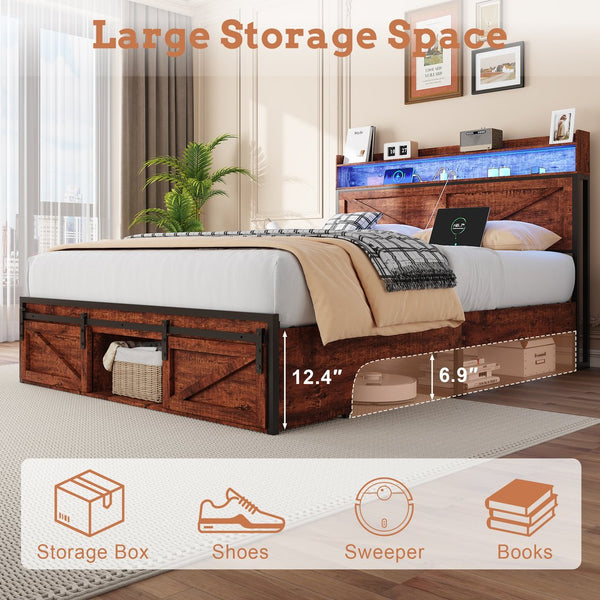 English Elm Queen-size Platform Bed with Led Headboard Storage Footboard and Built-in Charging Brown W5026P429527