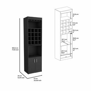 English Elm Kava Solid-Style Bar Cabinet with 16 Wine Slots, Glass Rack, Two Doors & Shelves in Black Finish B097S00177