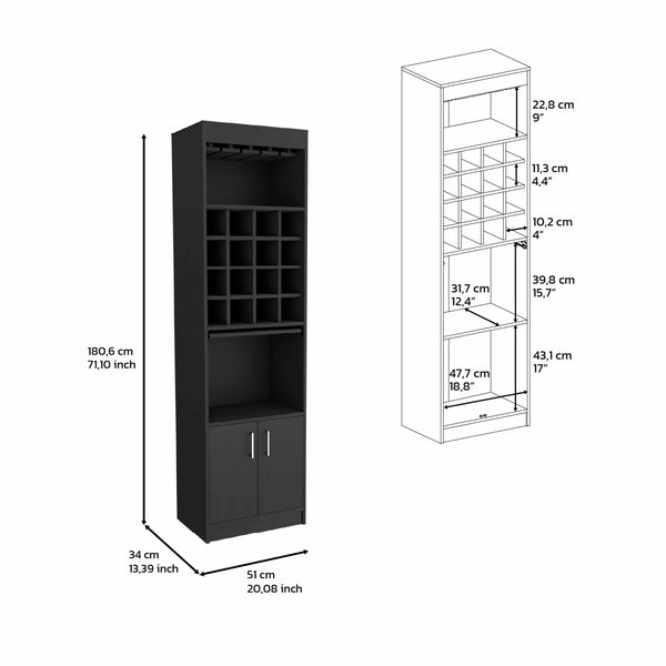 English Elm Kava Solid-Style Bar Cabinet with 16 Wine Slots, Glass Rack, Two Doors & Shelves in Black Finish B097S00177