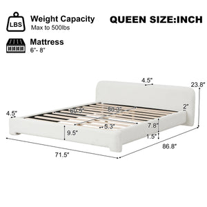 English Elm [cozy White Boucle Platform Bed Low Profile Birch Frame for Modern Bedroom N769P348244A