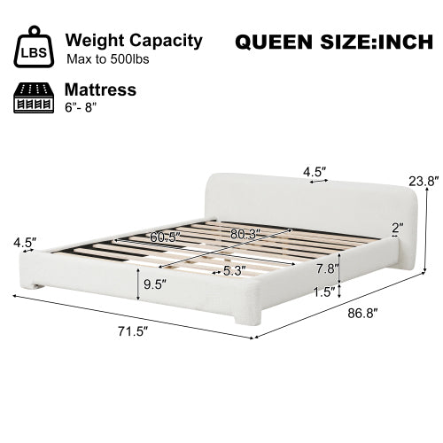 English Elm [cozy White Boucle Platform Bed Low Profile Birch Frame for Modern Bedroom N769P348244A