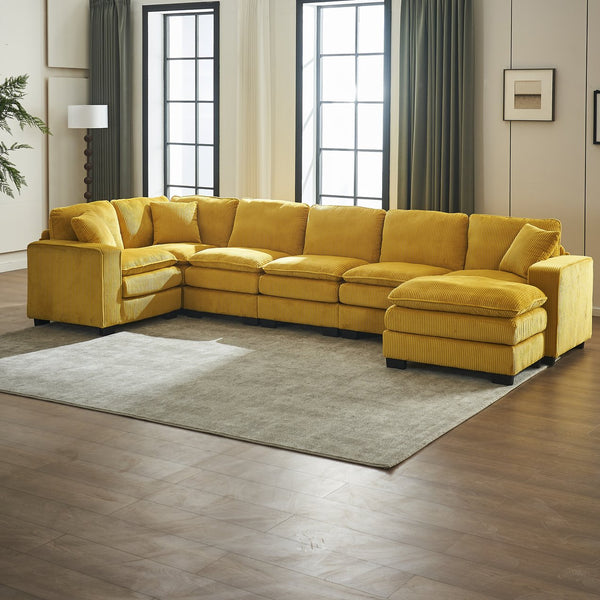 English Elm Modern U Shaped 6-Seat Sectional Sofa with Ottoman and 3 Toss Pillows, Corduroy Modular Comfort and Durable Frame Yellow W2363S00040