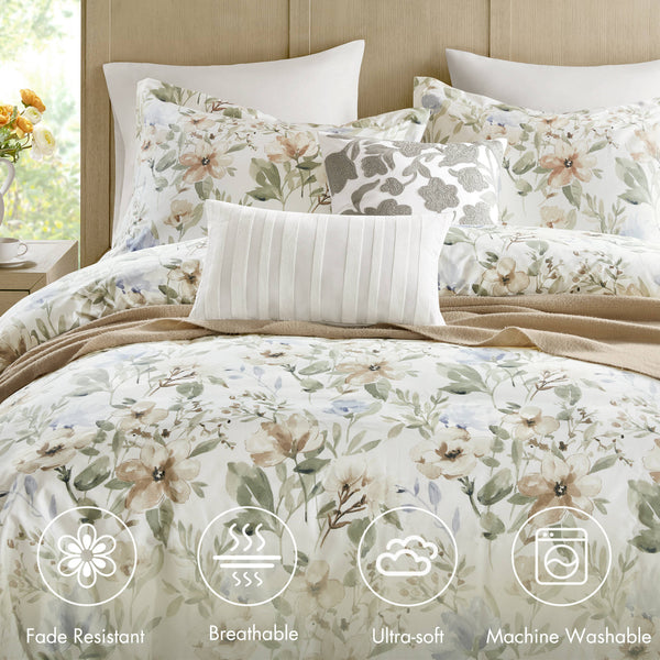 English Elm 5PCS Cotton Sateen Duvet Set Full/Queen with 300TC Printed Face, 2 Shams & 2 Decorative Pillows, Breathable Comfort Multi 18.11 L x 16.14 W x 4.72 H B035P341178