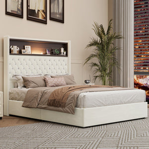 English Elm Full Velvet Wingback Platform Bed Tufted Headboard Shelf Usb Port Rivet Trim N733P368653A
