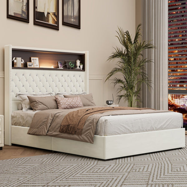 English Elm Full Velvet Wingback Platform Bed Tufted Headboard Shelf Usb Port Rivet Trim N733P368653A