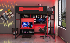English Elm Full Size Gaming Loft Bed with Built-in Desk Led Lighting Usb Ports and Pegboard Black+Red LT000270AAR