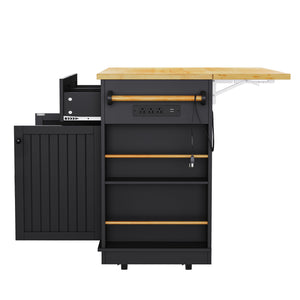 English Elm K&K 48 Inch Kitchen Island Cart with Drop Leaf, Built-In Power Station, Adjustable Shelves & Wheels Black N707P257057B
