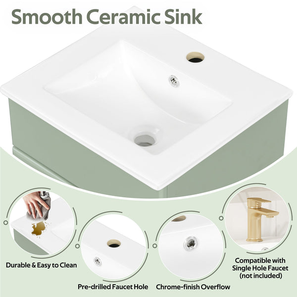 English Elm [video] Compact Sage Green Bathroom Vanity with Ceramic Sink Soft Close Cabinet N759P237932G