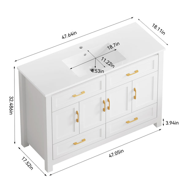 English Elm 48" White Bathroom Vanity with Resin Sink 4 Soft Close Doors Drawers Mdf Cabinet W3133S00027