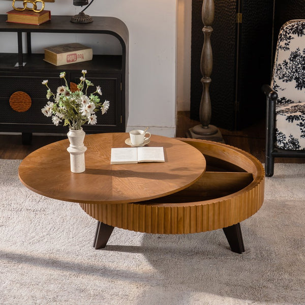 English Elm 39.37" Round Retro Coffee Table Solid Wood Legs Lower Shelf Natural Living Room W757P370275