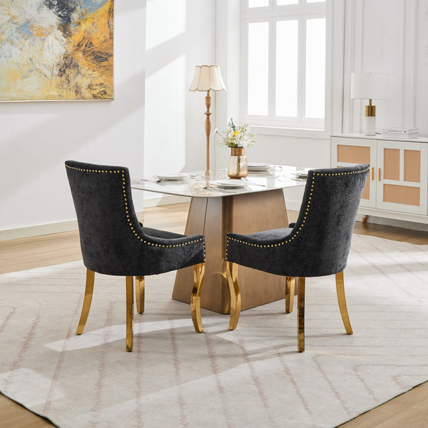 English Elm Chenille Plush Dining Chair with Curved Gold-Plated Legs, Rivet Trim, Textured Upholstery Comfort Black W1143P332685