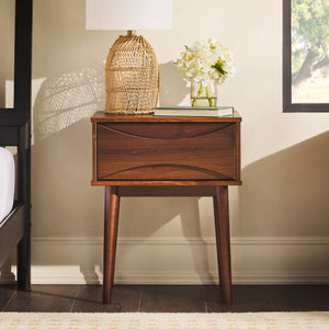 English Elm Walker Edison - Mid-Century Solid Pine 1-Drawer Nightstand in Walnut — Retro Tapered Legs, Curved Drawer, Compact Design B185P168951