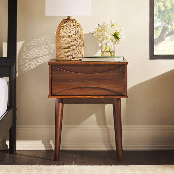English Elm Walker Edison - Mid-Century Solid Pine 1-Drawer Nightstand in Walnut — Retro Tapered Legs, Curved Drawer, Compact Design B185P168951