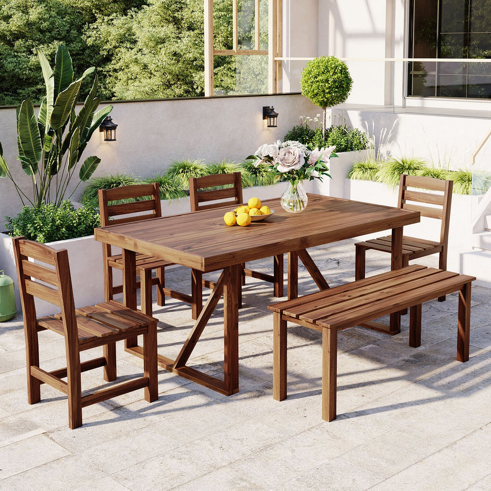 English Elm U_style Solid Acacia Six Piece Outdoor Dining Set for Patio Backyard Entertaining Brown WY000472AAE