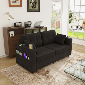 English Elm Sofas for Living Room Chenille Three Seat Couch with Usb Charging Storage and Cup Holder Black W395S00144