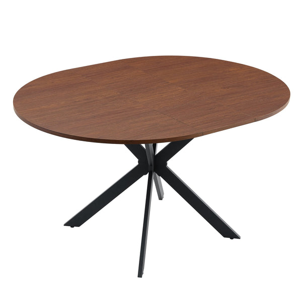 English Elm Extendable Round Dining Table Walnut Grain Top Matte Black Base Seats 4 to 6 W3875S00001