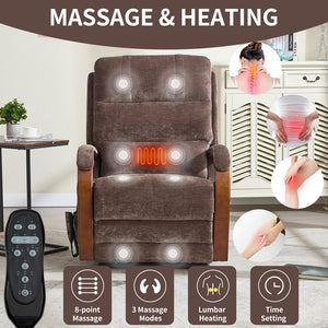 English Elm Power Lift Recliner Chair Chenille Upholstery Dual Motor Heat Massage Solid Wood Arms Brown W1803S00068