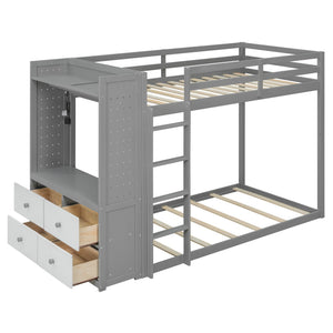 English Elm Twin Bunk Bed with Storage Drawers Hanging Rail Led Shelves and Pegboard Organizer Gray LT000282AAE