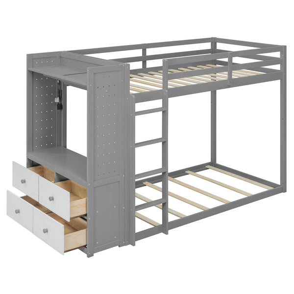 English Elm Twin Bunk Bed with Storage Drawers Hanging Rail Led Shelves and Pegboard Organizer Gray LT000282AAE