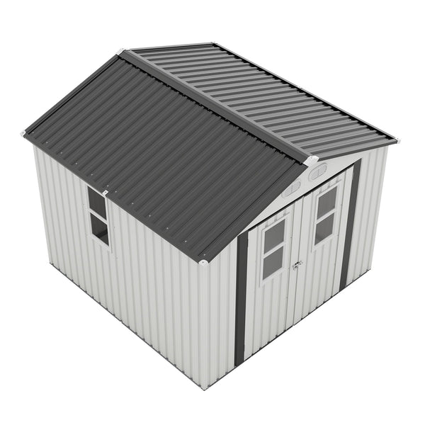 English Elm Outdoor Metal Storage Shed 8x8 Ft with Four Windows and Lockable Double Doors White W1598S00037