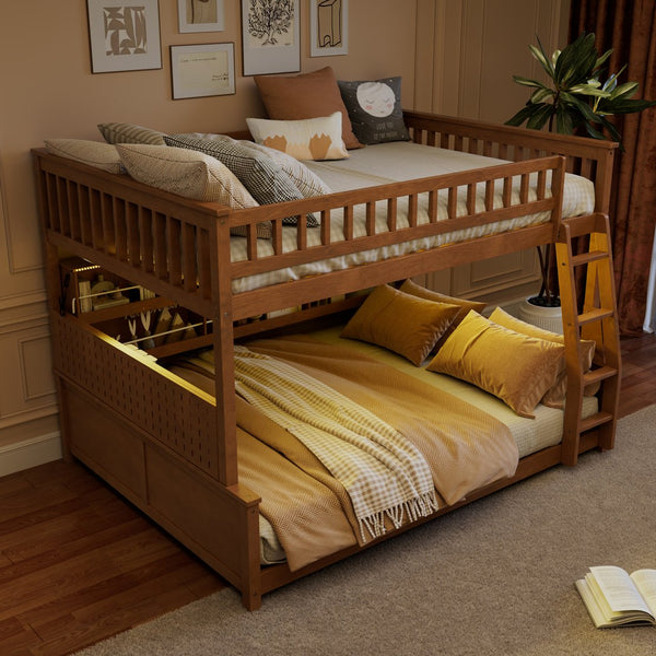 English Elm Full Xl Over Queen Bunk Bed Pinewood Frame with Led Lights Shelving Pegboard Brown LT000279AAP