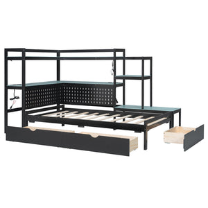 English Elm Twin Gaming Daybed with Led Strips Desk Pegboard Bookcase and Three Storage Drawers Black+Blue N820S00083C