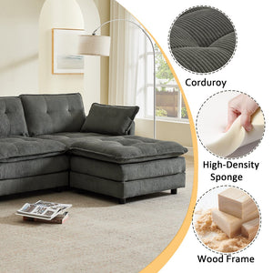 English Elm 119" Tufted Corduroy L-shaped Sectional with Ottoman Console Usb Charging 4 Seat Grey W1998S00102