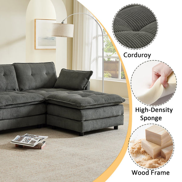 English Elm 119" Tufted Corduroy L-shaped Sectional with Ottoman Console Usb Charging 4 Seat Grey W1998S00102