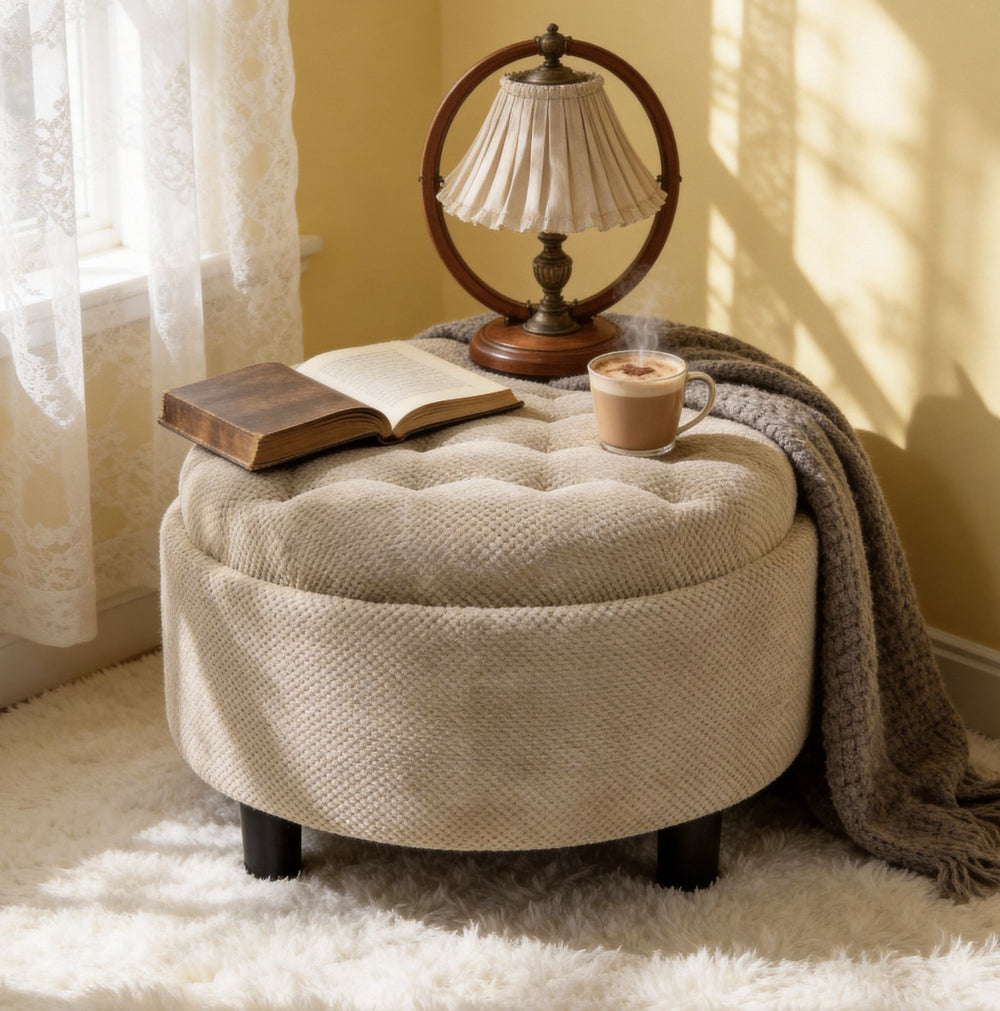 English Elm 25 Inch Round Fabric Pouf Ottoman with Removable Wooden Lid and Hidden Interior Storage Camel W5568P461369