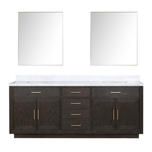 English Elm Brown Oak Double Bathroom Vanity with Carrara Marble Top and Frameless Mirrors B2731S01552