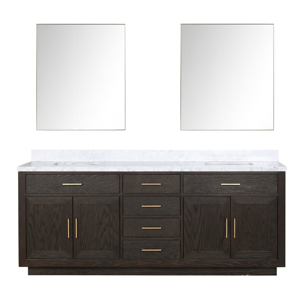 English Elm Brown Oak Double Bathroom Vanity with Carrara Marble Top and Frameless Mirrors B2731S01552