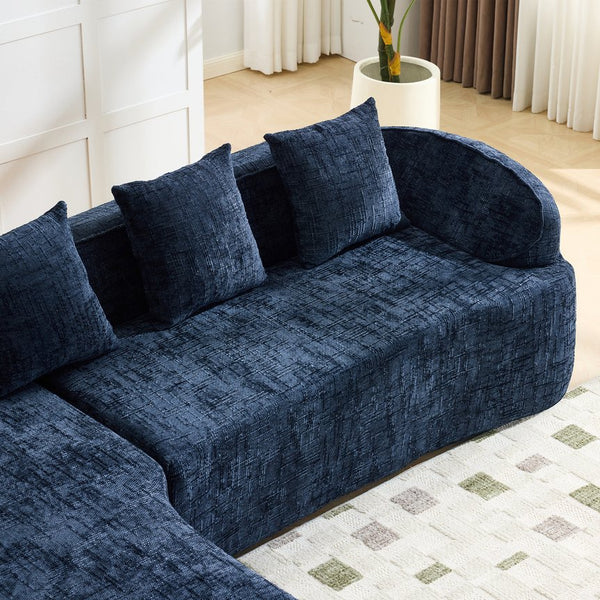 English Elm Beige Chenille L-shaped Sectional Sofa with Chaise Deep Seating and Curved Armrests Dark Blue W3612S00031