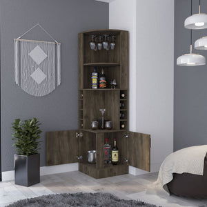 English Elm Seattle Corner Bar Cabinet with 8 Bottle Cubbies, Glass Racks & 2 Open Display Shelves — Modern Elegance B128P176131
