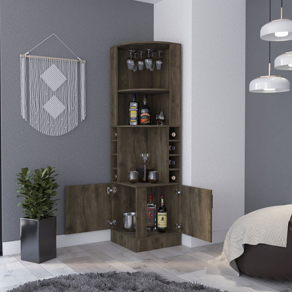 English Elm Seattle Corner Bar Cabinet with 8 Bottle Cubbies, Glass Racks & 2 Open Display Shelves — Modern Elegance B128P176131