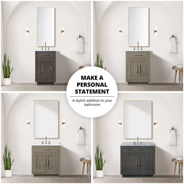 English Elm Grey Oak Single Bath Vanity Set With Carrara Marble Top & 34" Frameless Mirror For Modern Spaces B2731S01398
