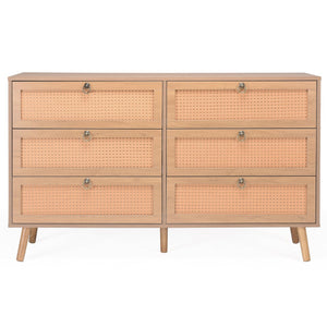 English Elm Rattan 6-Drawer Double Dresser with Handwoven PE Rattan Fronts, Wood Top, Copper Pulls, Spacious Storage Vintage T3623P411339