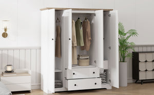 English Elm 4 Door Wardrobe Armoire Closet with 2 Drawers Rustic Pine & MDF Storage Cabinet with Shelves and Hanging Space White N7090001842K