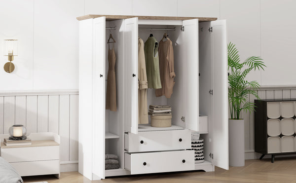 English Elm 4 Door Wardrobe Armoire Closet with 2 Drawers Rustic Pine & MDF Storage Cabinet with Shelves and Hanging Space White N7090001842K
