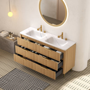 English Elm AMARA 60" Bathroom Vanity with Integrated Sintered Stone Basin, Preassembled Plywood Cabinet with Motion-Activated Light and Soft-Close Drawers Carrara White,Light Oak W2615P346341