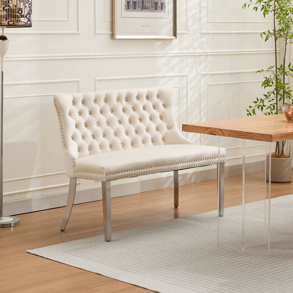 English Elm Velvet Wingback Dining Bench Tufted Two Seat Mid Century Modern Brushed Steel Base Beige W1143P406980