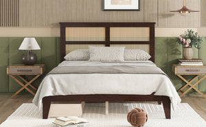 English Elm Full Full Size Bed with Rattan Headboard and Two Underbed Storage Drawers, Rubberwood Slat Support Espresso W504P269605