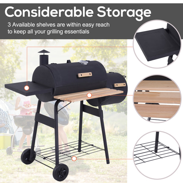 English Elm Outsunny Steel Offset Smoker Charcoal Grill Combo with Wheels and Dual Shelves W2225P174290