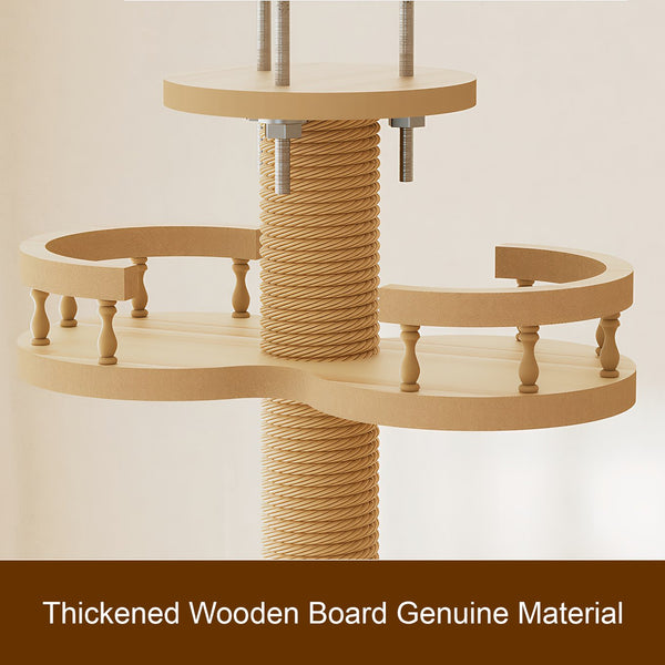 English Elm Floor to Ceiling Tension Mount Cat Tower with Sisal Post Hammock and Wood Condo Cave W3101P384990